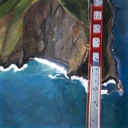 Overhead view of the golden gate and mountains
