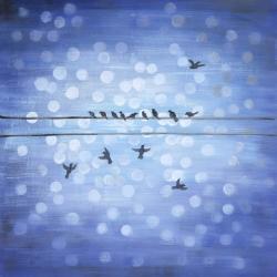 Birds on a wire with a clear blue sky