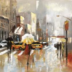 People with umbrellas walking across the street
