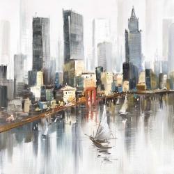 Watercolor style city with boats