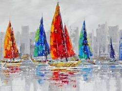 Colorful boats near a gray city