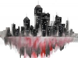 Red watercolor cityscape