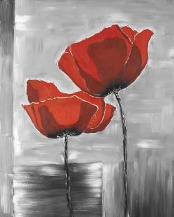 Two red flowers on a grayscale background