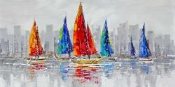 Colorful boats near a gray city