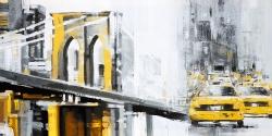 Yellow brooklyn bridge with taxis