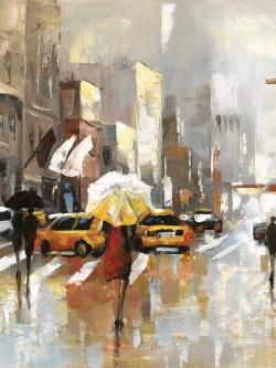 People with umbrellas walking across the street