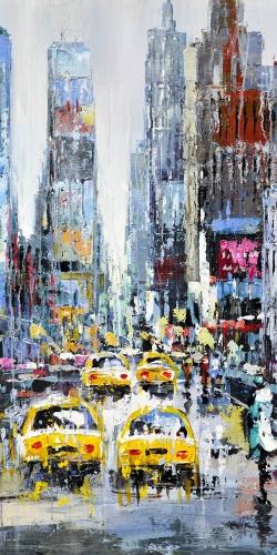 Urban scene with yellow taxis