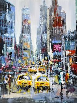 Urban scene with yellow taxis