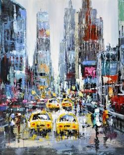 Urban scene with yellow taxis