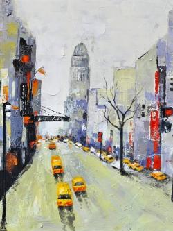 Gray street with yellow and red accents