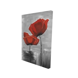 Two red flowers on a grayscale background
