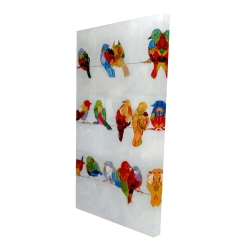 A lot of colorful birds on a wire