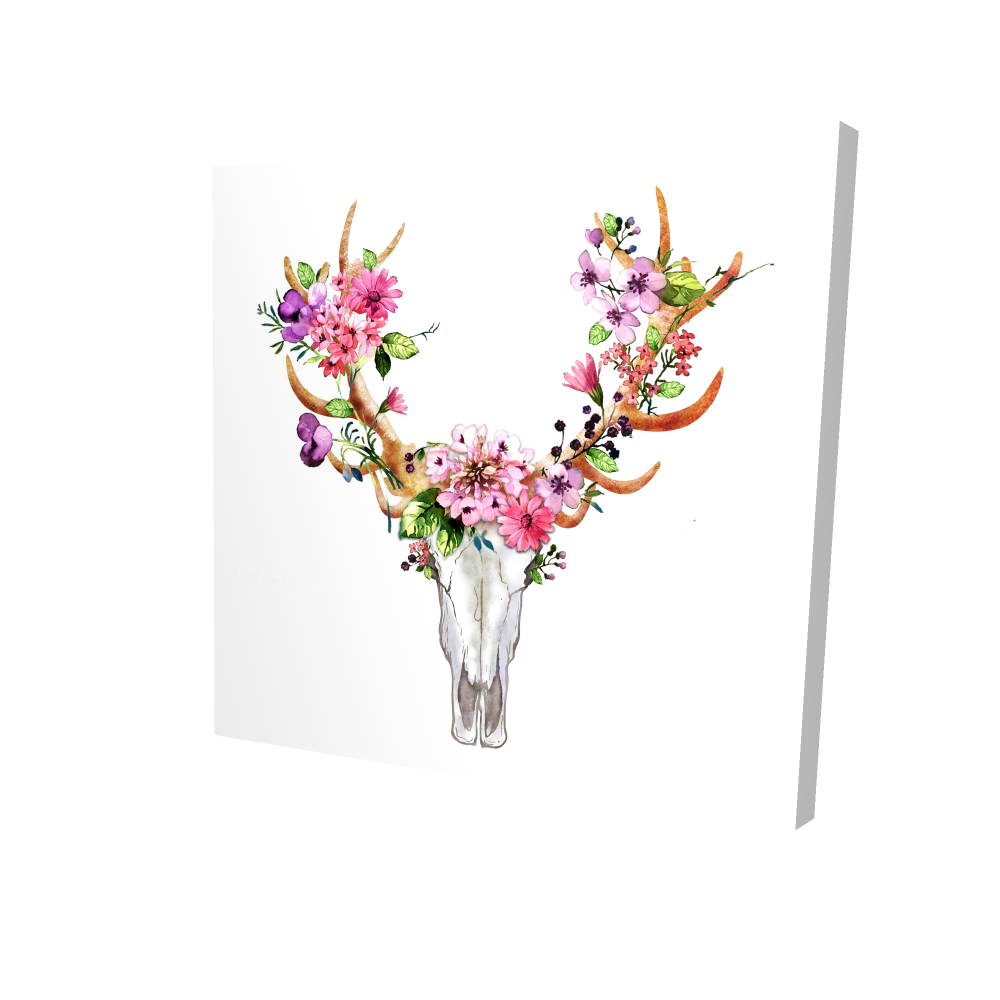 Toile 24 x 24 - 3D - Crâne de cerf avec fleurs