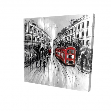 Black and white street with red bus