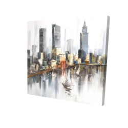 Watercolor style city with boats