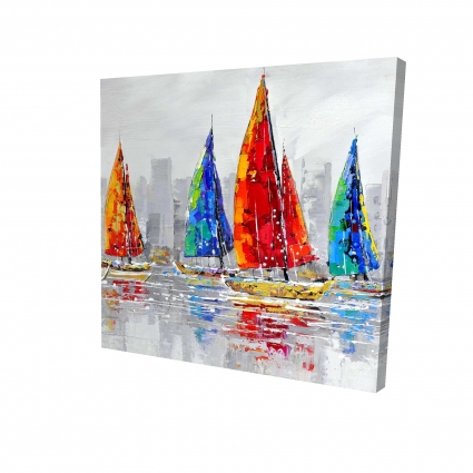 Colorful boats near a gray city