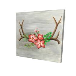 Canvas 36 x 36 - 3D - Deer horns and pink flowers