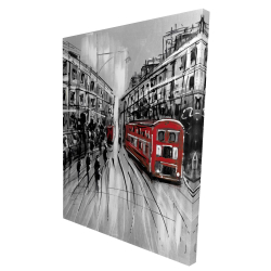 Black and white street with red bus