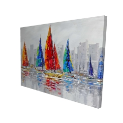 Colorful boats near a gray city