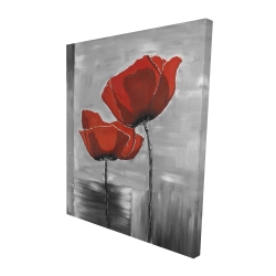 Two red flowers on a grayscale background