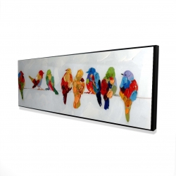 A lot of colorful birds on a wire