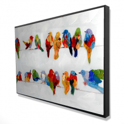 A lot of colorful birds on a wire