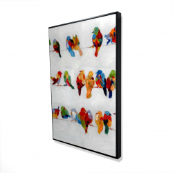 A lot of colorful birds on a wire