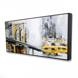 Yellow brooklyn bridge with taxis