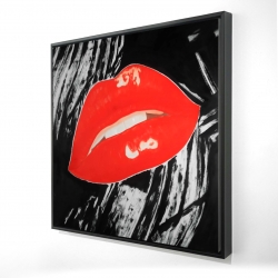Framed 24 x 24 - 3D - Kissable glossy lips on a black background