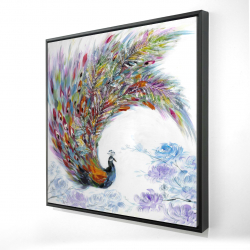 Framed 24 x 24 - 3D - Colorful peacock with flowers