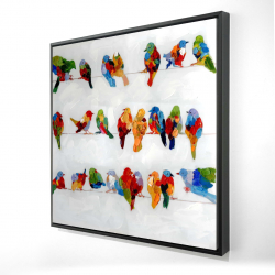 A lot of colorful birds on a wire
