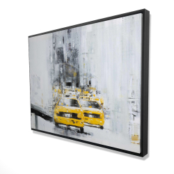Yellow brooklyn bridge with taxis