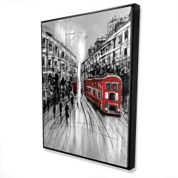 Black and white street with red bus