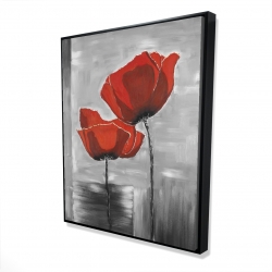 Framed 48 x 60 - 3D - Two red flowers on a grayscale background