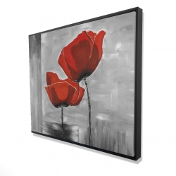 Two red flowers on a grayscale background