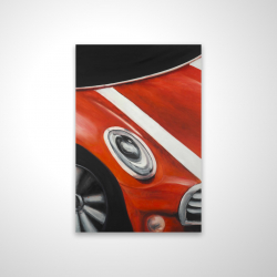Red car with white stripes closeup