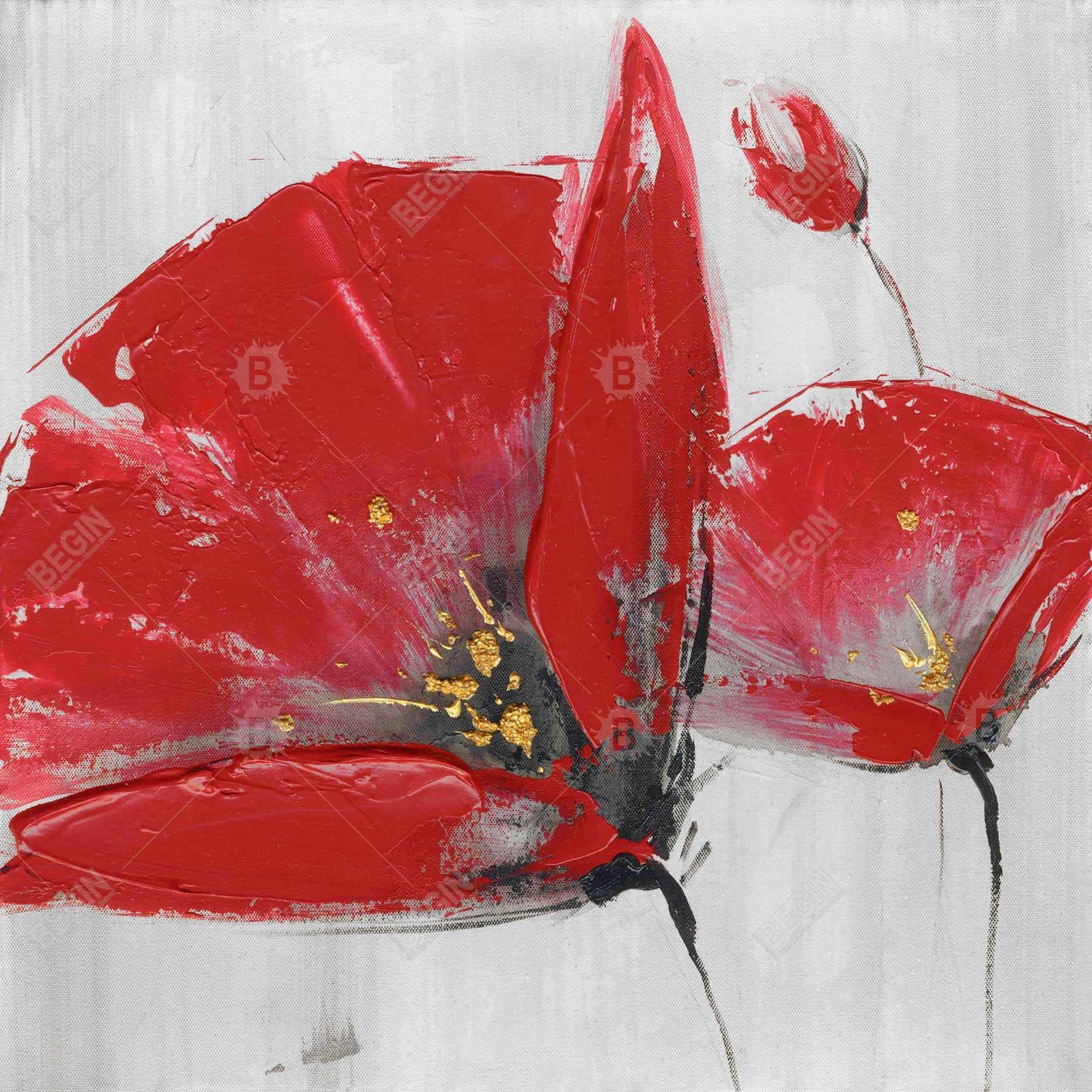 Three red flowers on gray background