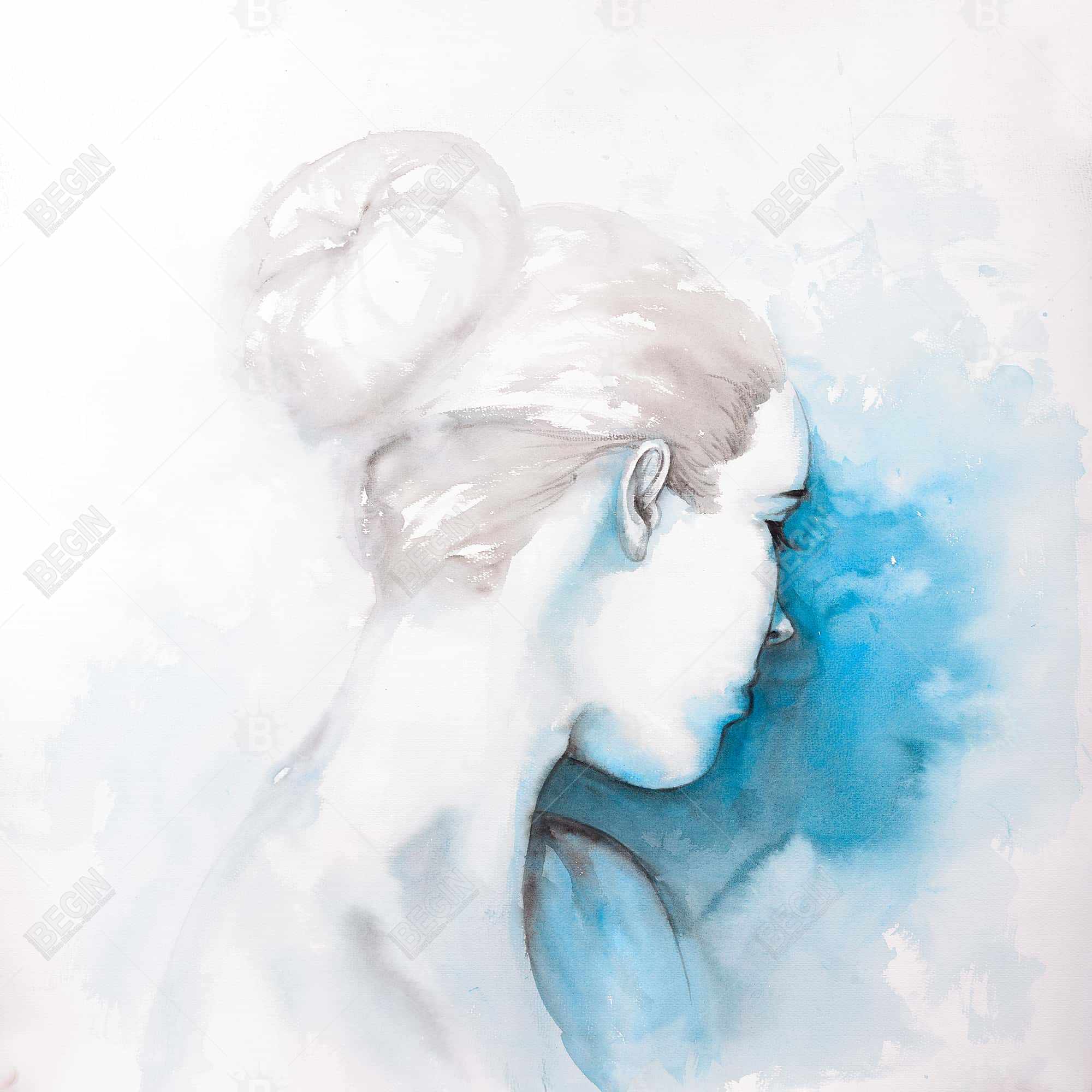 Watercolor abstract girl with hair bun