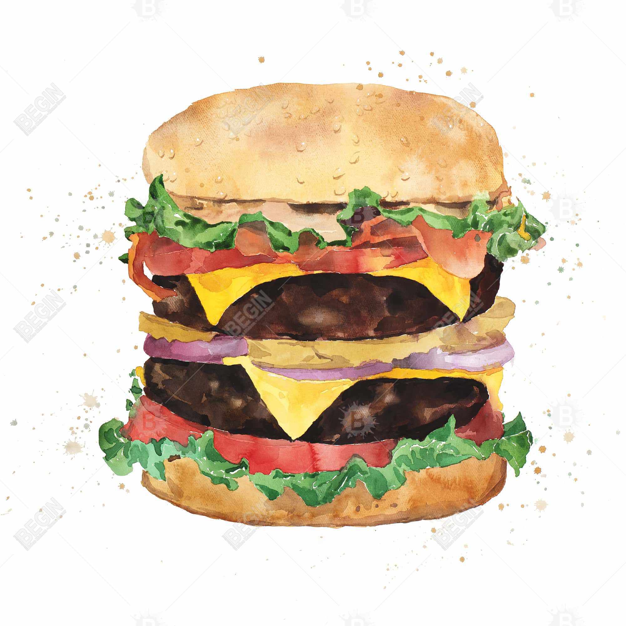 Cheeseburger double tout garni à l'aquarelle