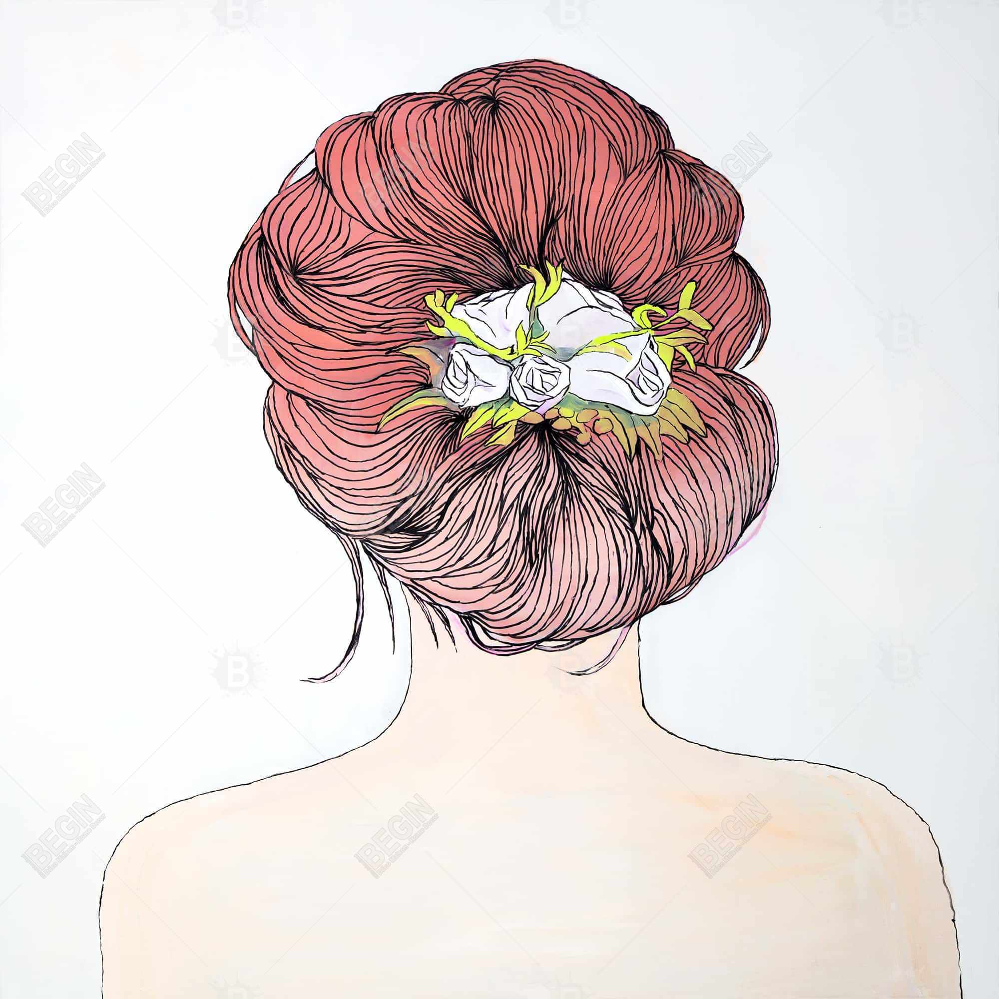 Femme de dos avec fleurs dans les cheveux