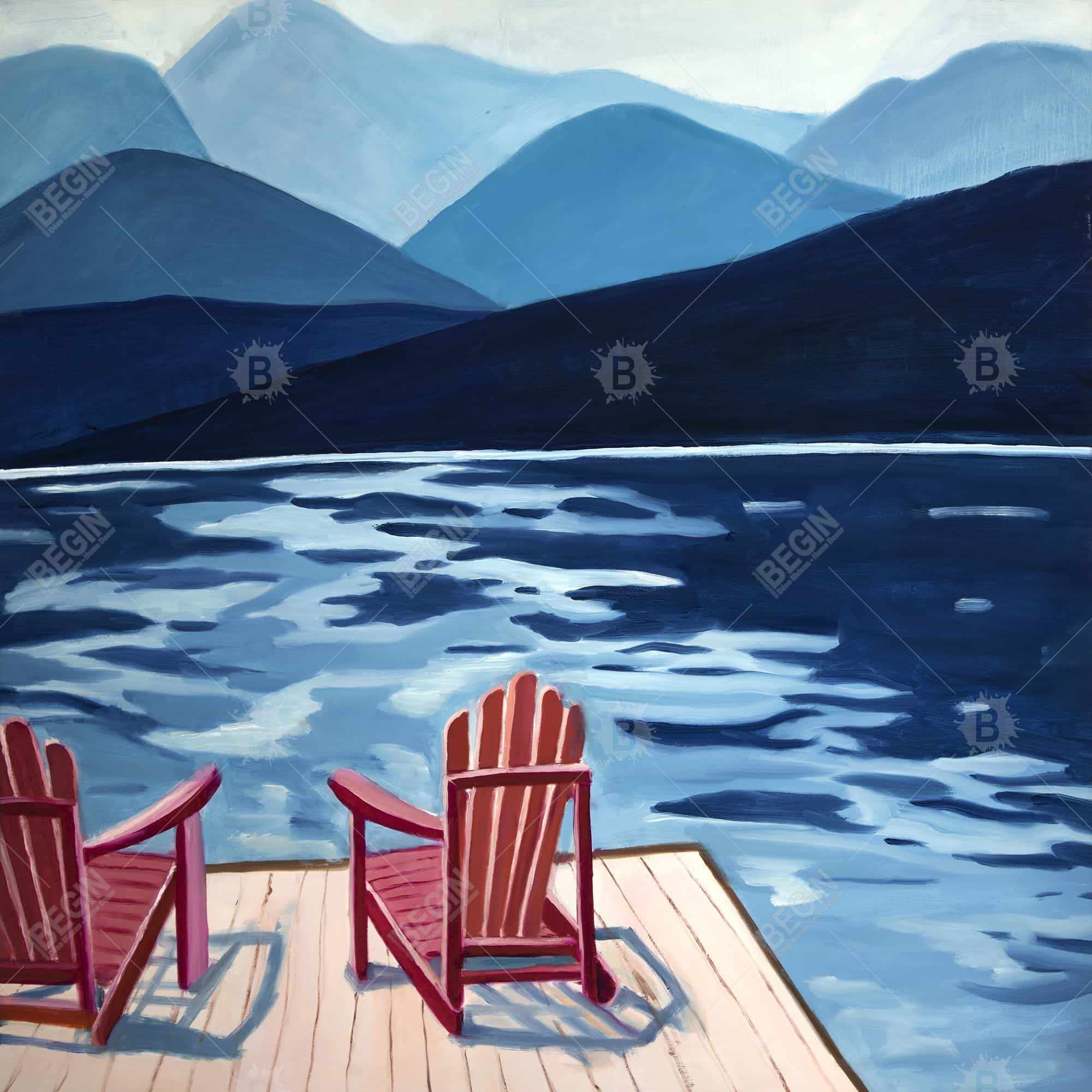 Lake, dock, mountains & chairs