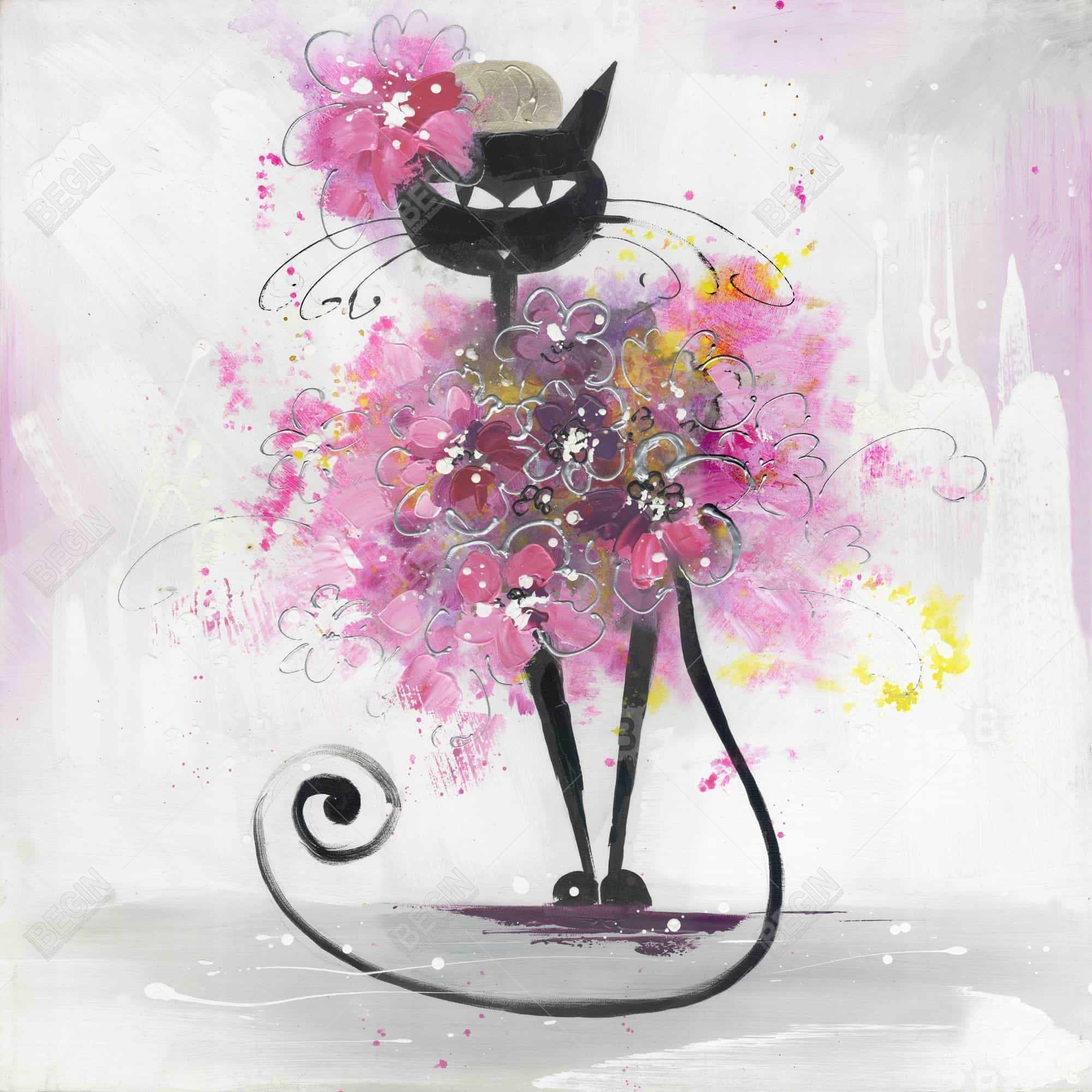 Cartoon cat with pink flowers