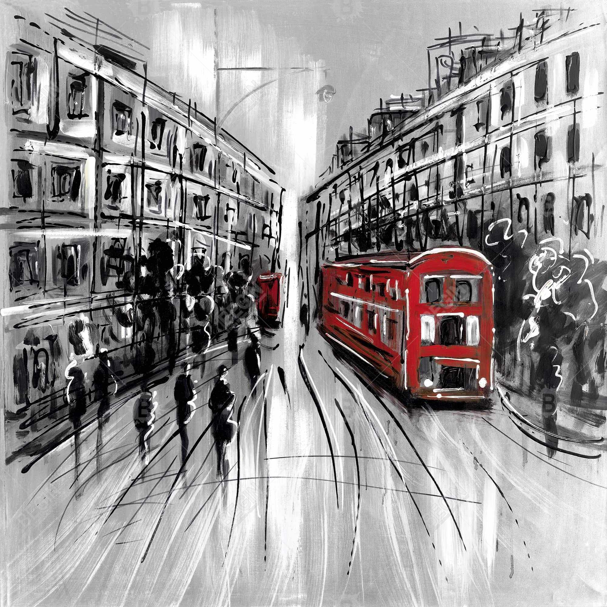 Black and white street with red bus