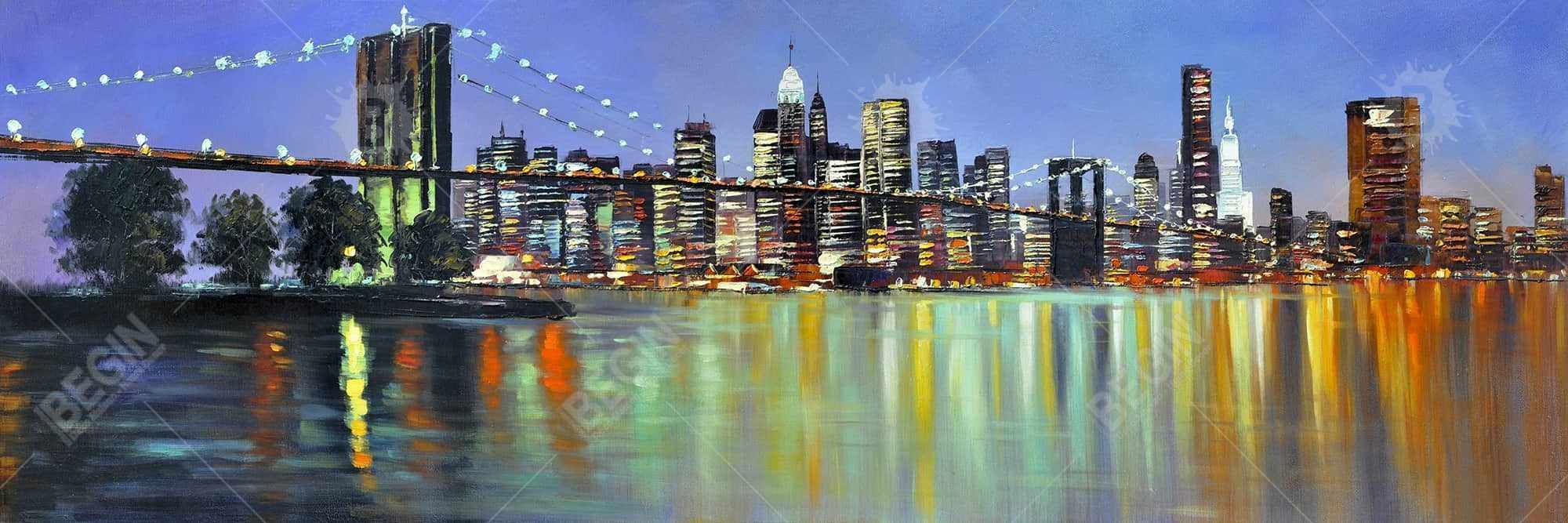 Colorful city with a bridge by night
