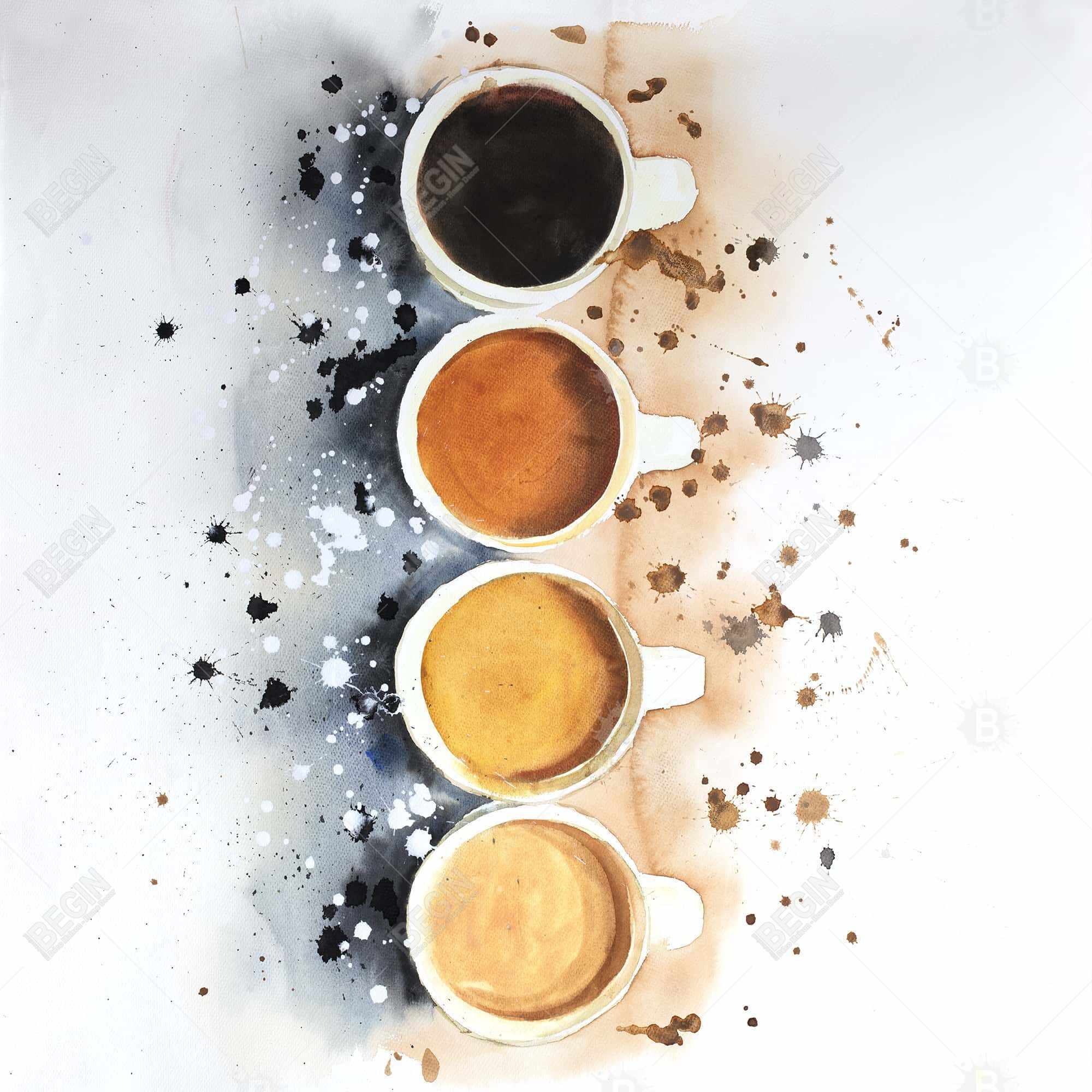 Four cups of coffee with paint splash