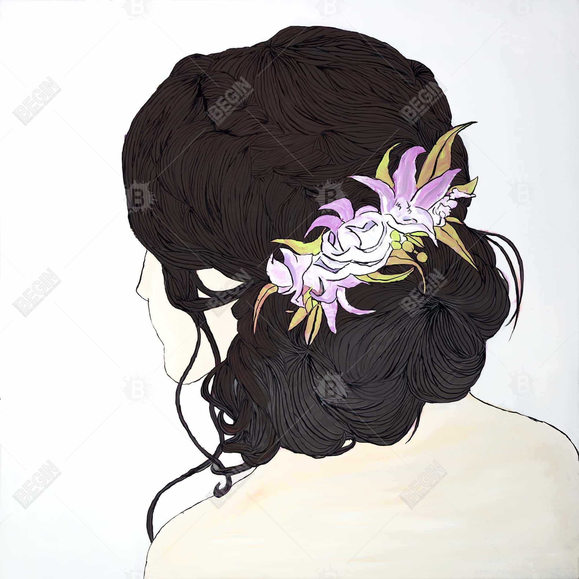 Brunette de dos avec fleurs rose