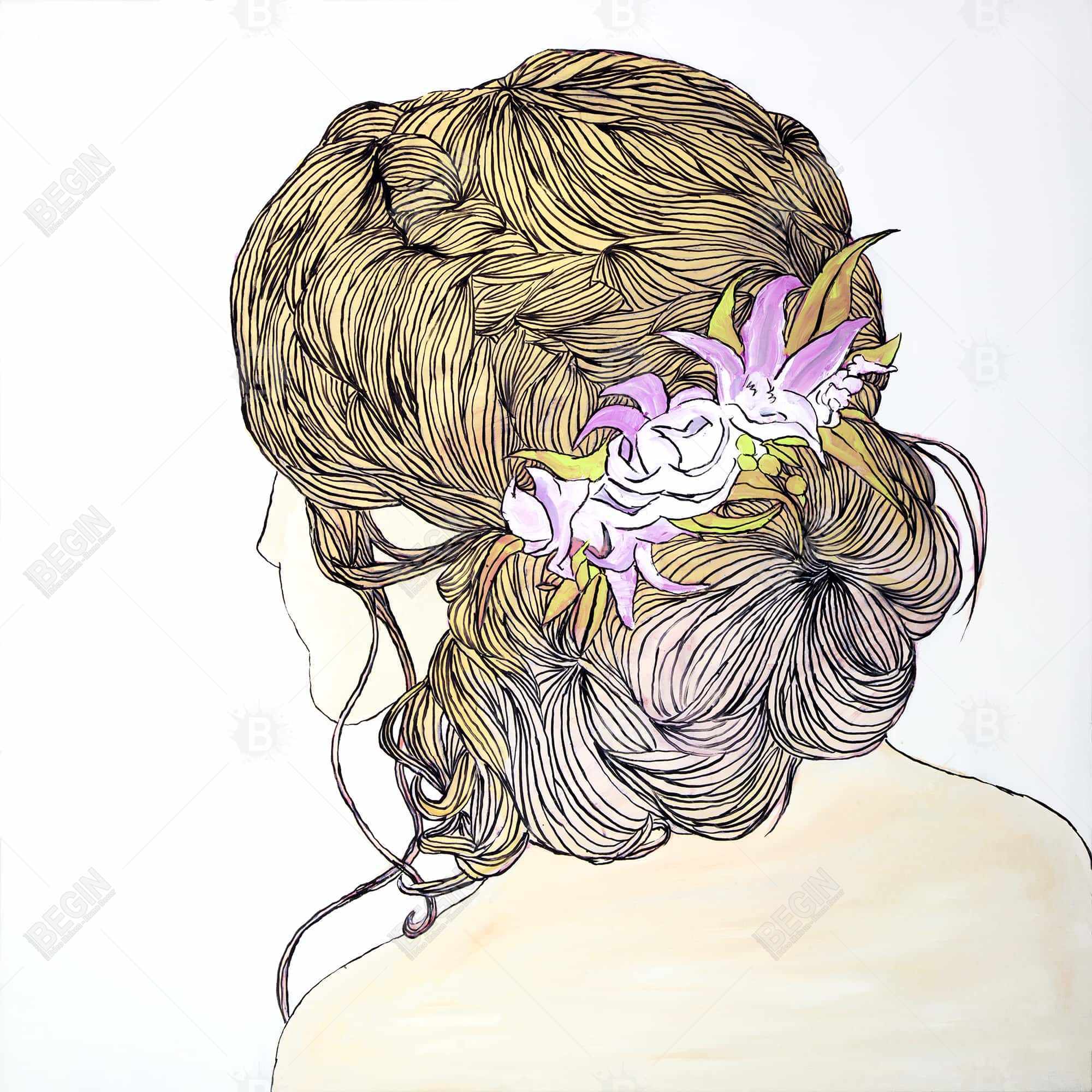 Blondinette de dos avec fleurs