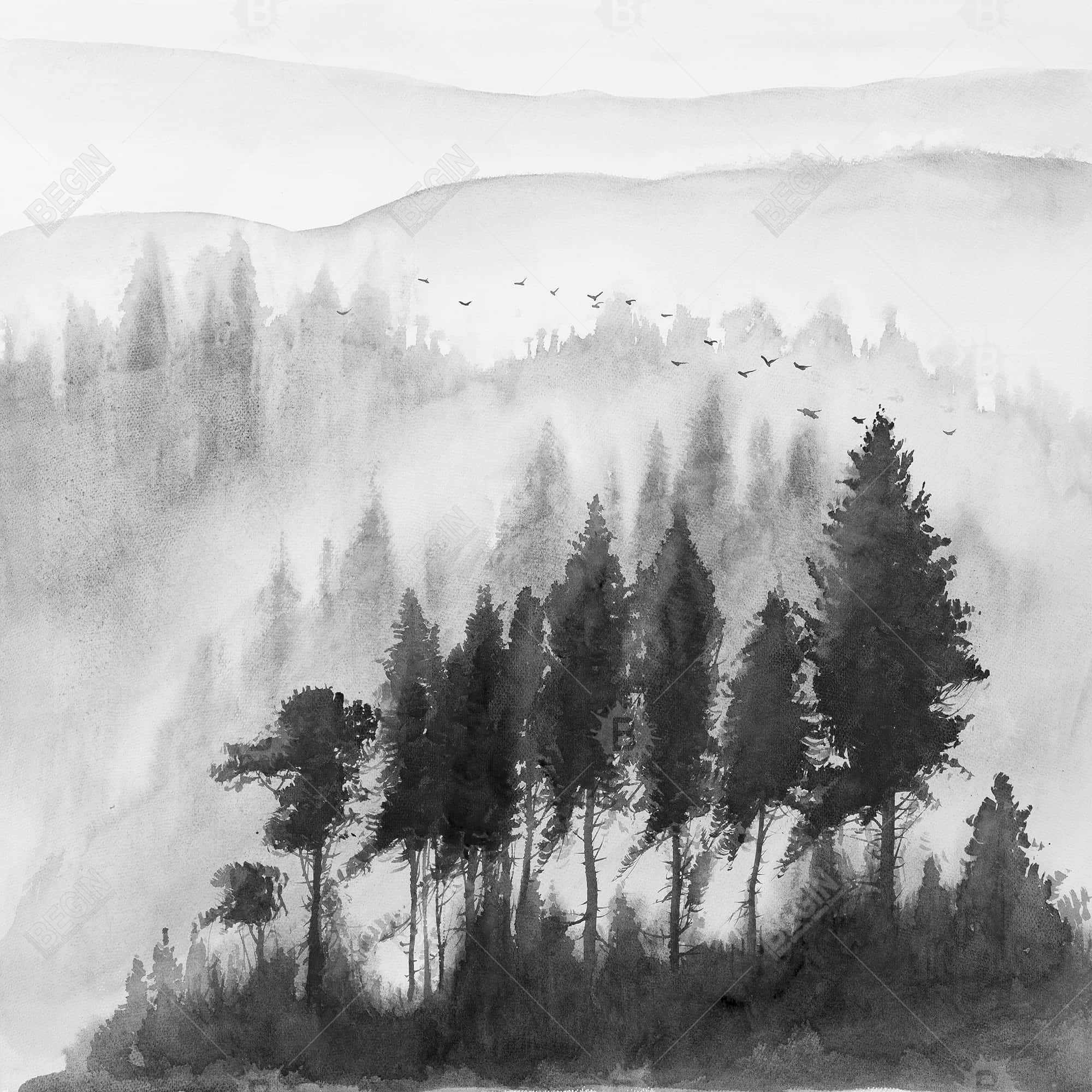 Paysage monochrome de montagnes à l'aquarelle