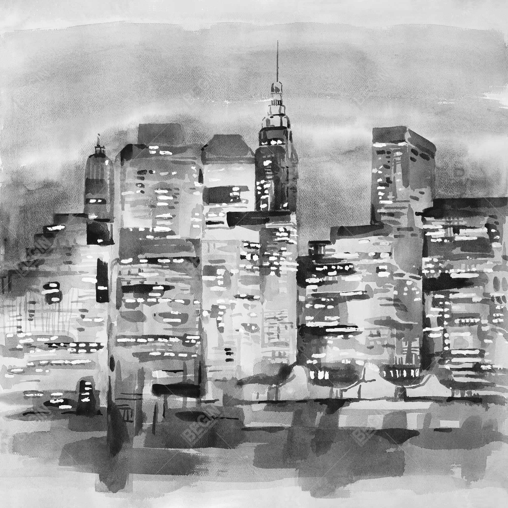 Watercolor cityscape with buildings