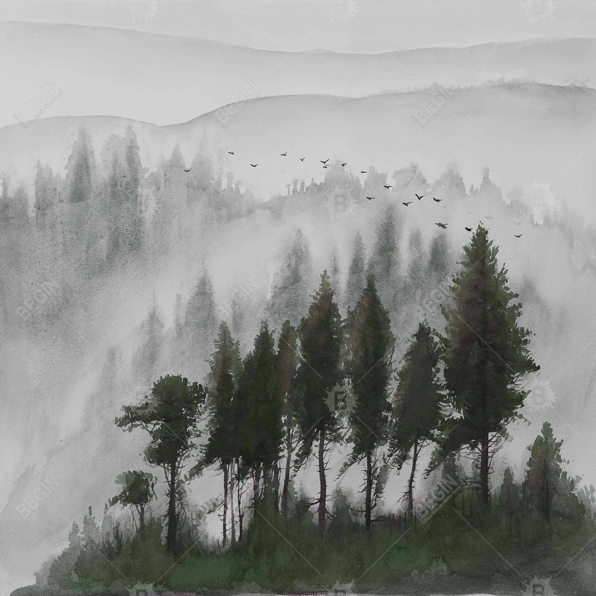 Mountains landscape in dark watercolor